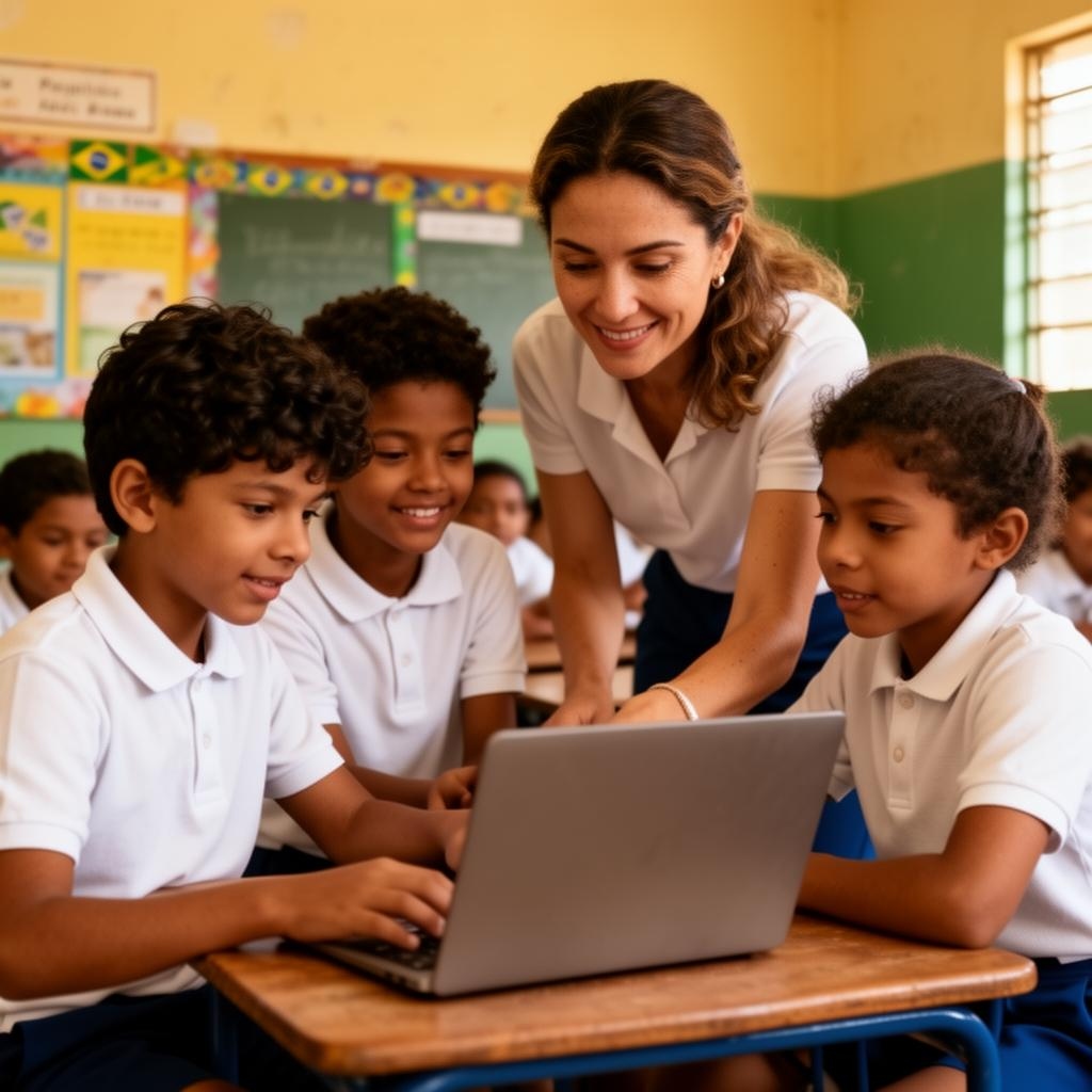 Professora auxiliando alunos com tecnologia