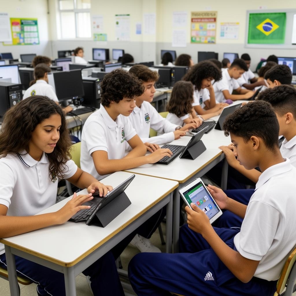 Estudantes usando tecnologia em sala de aula